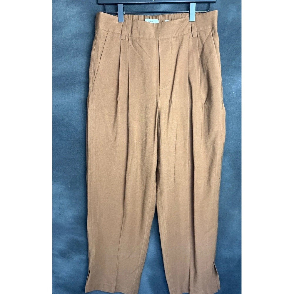 Vince Pleated Tapered Trousers M Brown Tan High Rise Elastic Waist Slit Ankle
